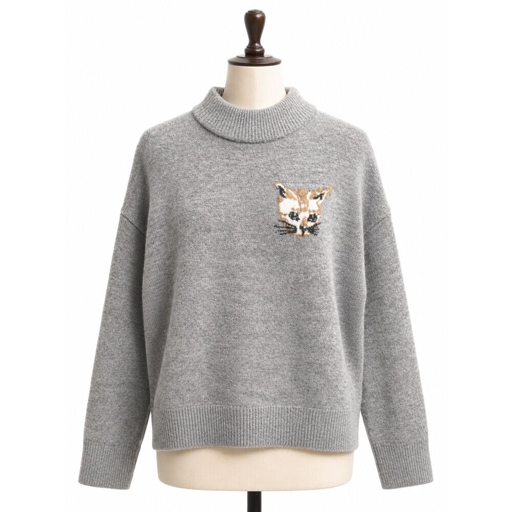 THML Cat Sweater Size Large Mock Neck Mock Neck Kitten Grey Knit